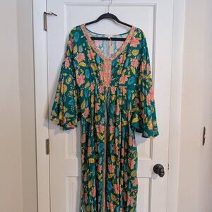 World Market Kaftan Maxi Dress L/XL Boho Peasant Floral S/M